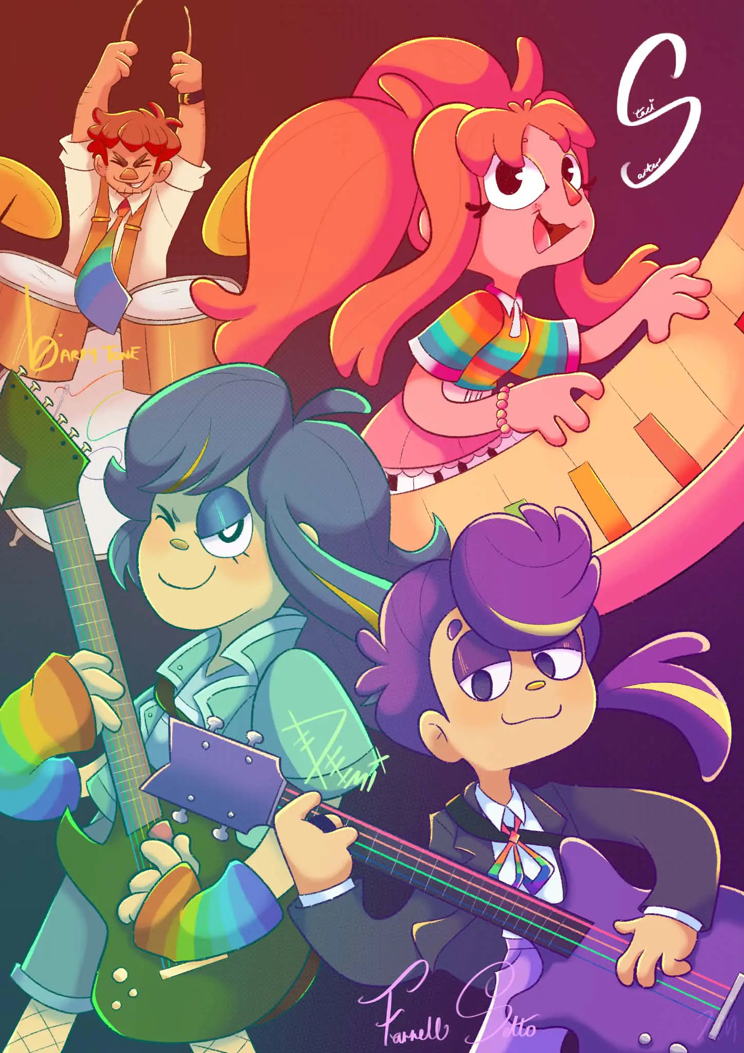 Colourful illustrated characters performing together in a band