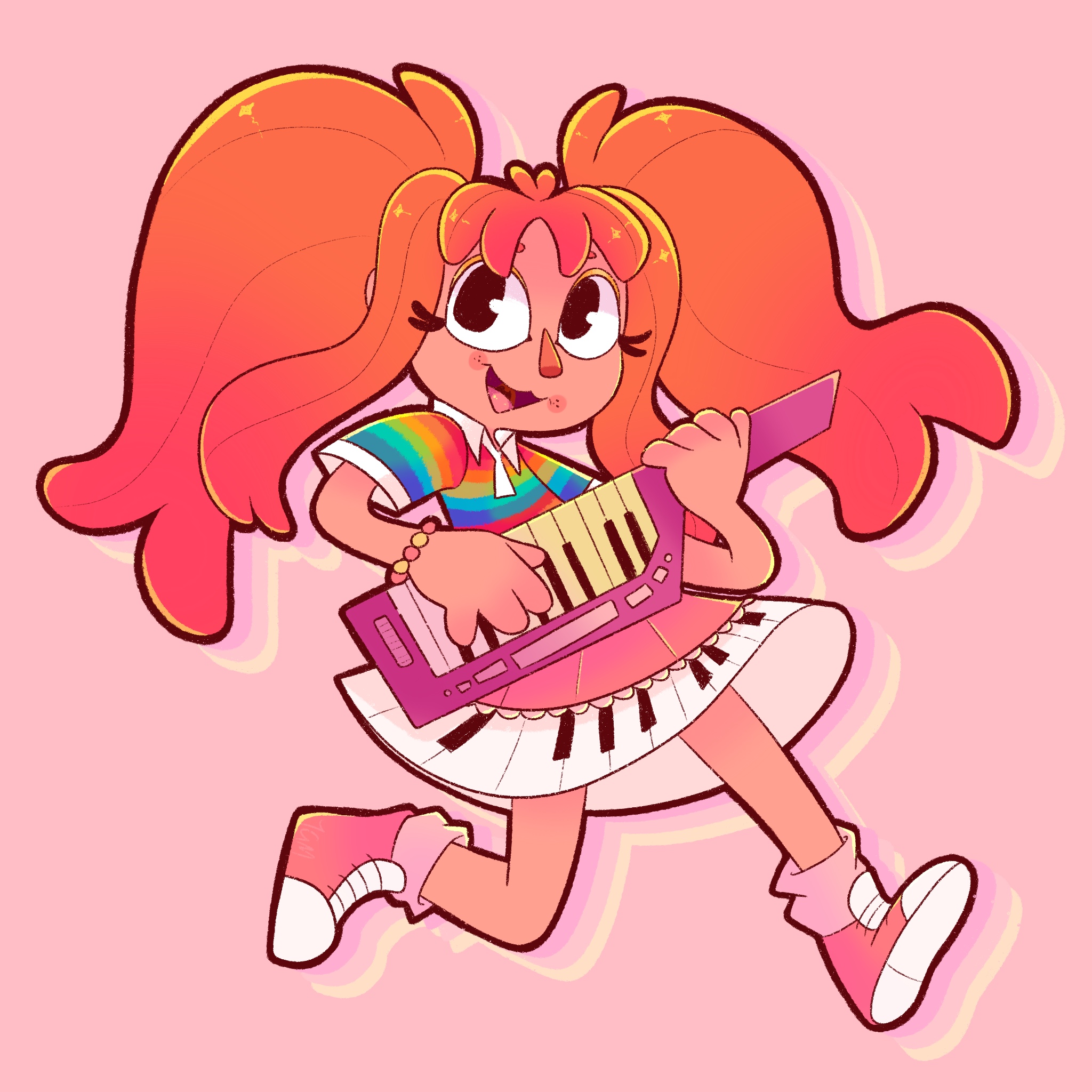 Staci with keytar, artwork from Tune Up